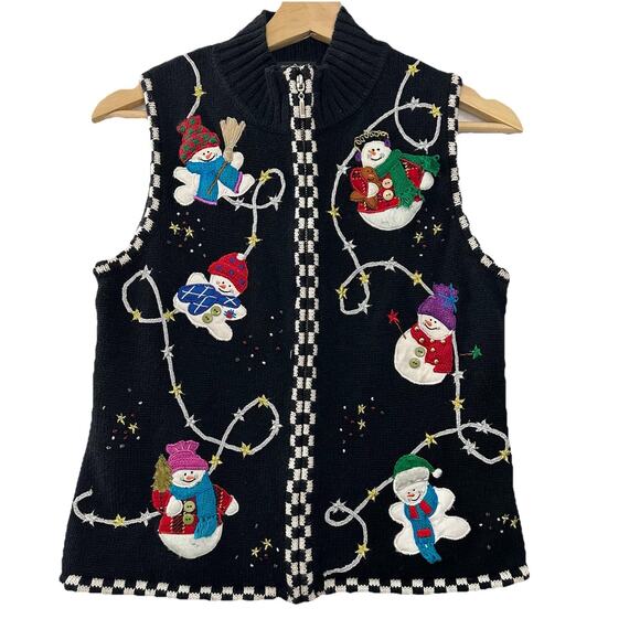 VTG Christmas holiday sweater Vest Womens Small black full zip - Picture 1 of 11